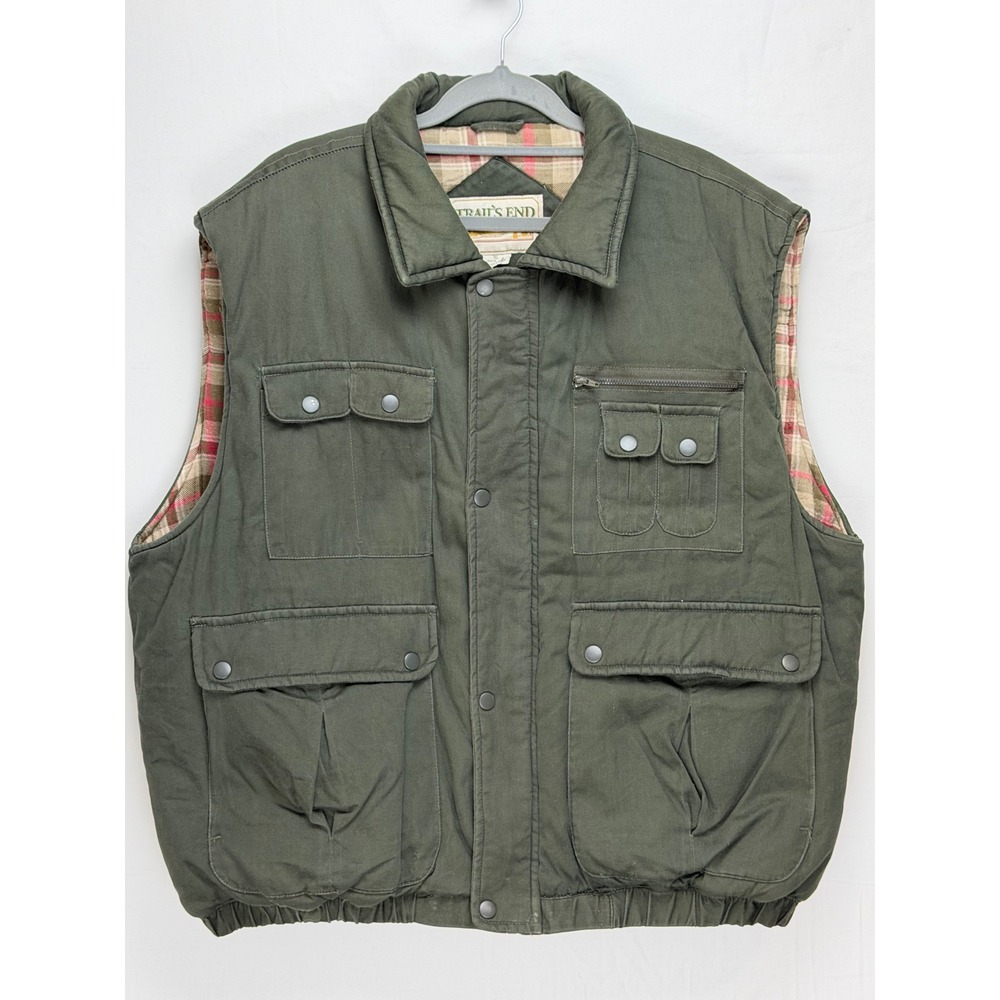 Trail's End Mens Cotton Vest XL Green Plaid Lined Multi-Pocket Utility Rugged